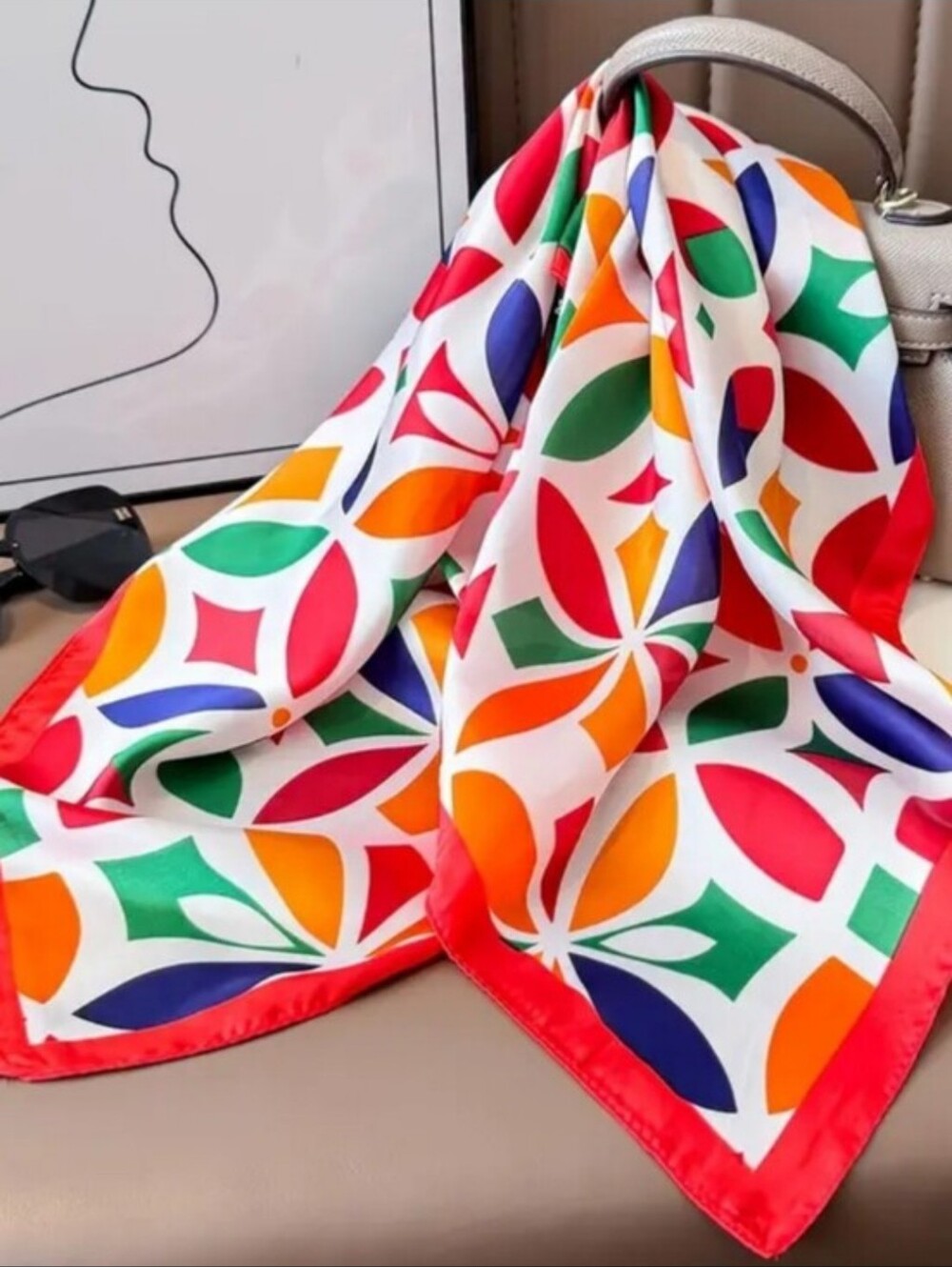 Silk-feel Colorful Geometric Satin Scarf